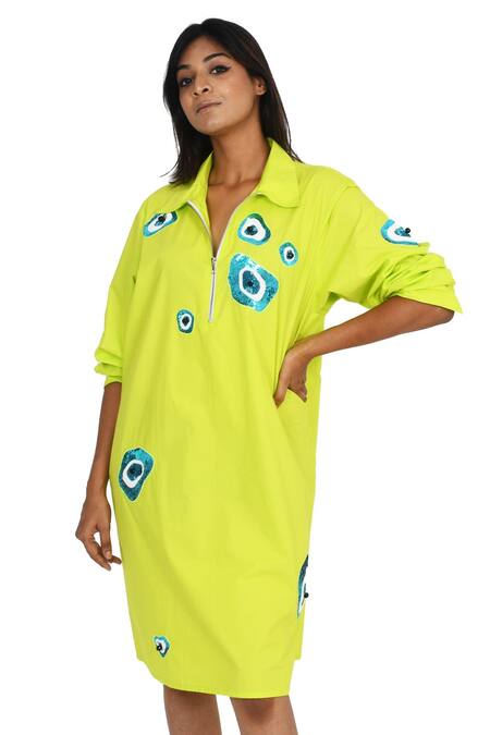 Richaa Goenka Green Cotton Hand Embroidered Sequin Collared Dress Online at Aza Fashions Richaa Goenka_Green Cotton Hand Embroidered Sequin Collared Dress _Online_at_Aza_Fashions