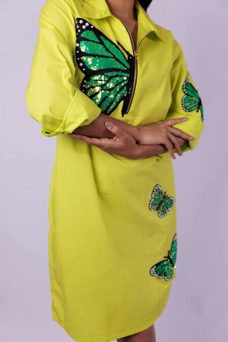 Richaa Goenka_Green Cotton Hand Embroidered Sequin Collared Butterfly Pattern Dress _Online_at_Aza_Fashions