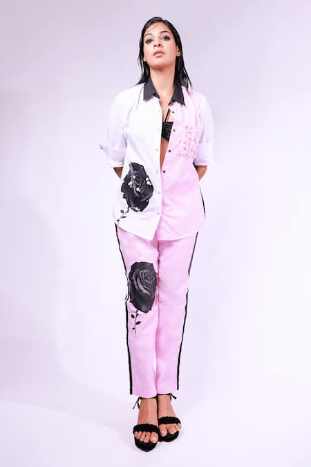 Richaa Goenka Pink Collared Rose Print Cotton Shirt And Pant Set Online at Aza Fashions Richaa Goenka_Pink Collared Rose Print Cotton Shirt And Pant Set _Online_at_Aza_Fashions