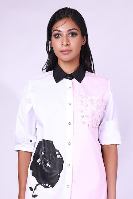 Shop Richaa Goenka Pink Collared Rose Print Cotton Shirt And Pant Set Online at Aza Fashions Shop_Richaa Goenka_Pink Collared Rose Print Cotton Shirt And Pant Set _Online_at_Aza_Fashions