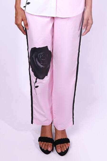 Richaa Goenka Pink Collared Rose Print Cotton Shirt And Pant Set at Aza Fashions Richaa Goenka_Pink Collared Rose Print Cotton Shirt And Pant Set _at_Aza_Fashions