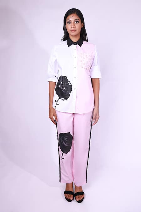 Buy Richaa Goenka Pink Collared Rose Print Cotton Shirt And Pant Set Buy_Richaa Goenka_Pink Collared Rose Print Cotton Shirt And Pant Set