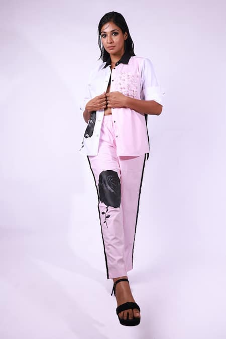 Shop Richaa Goenka Pink Collared Rose Print Cotton Shirt And Pant Set Shop_Richaa Goenka_Pink Collared Rose Print Cotton Shirt And Pant Set