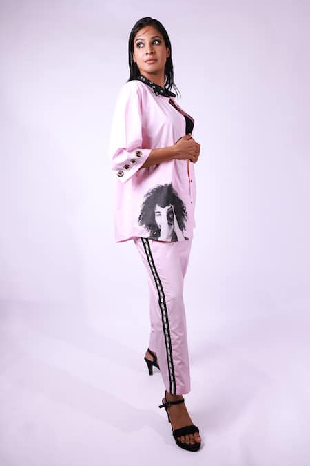 Richaa Goenka_Pink Cotton Hand Embroidered Eyelet Collared Detailed Shirt _Online_at_Aza_Fashions