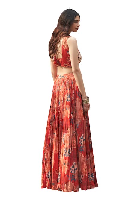 Buy_Archana Shah_Red Crepe Zari, Embroidery Sweetheart Neck Moroccan Floral Print Lehenga Set 