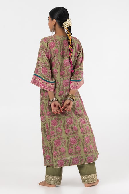 Shop_Pants And Pajamas_Green Cotton, Silk Gota Patti, Floral Block Print A-line Kurta With Pant _at_Aza_Fashions