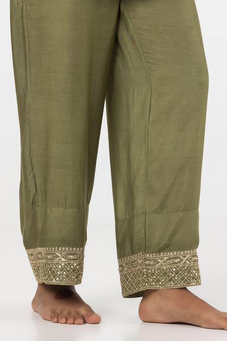 Pants And Pajamas_Green Cotton, Silk Gota Patti, Floral Block Print A-line Kurta With Pant _Online_at_Aza_Fashions