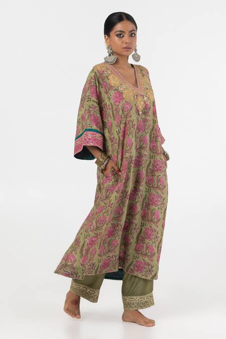 Shop_Pants And Pajamas_Green Cotton, Silk Gota Patti, Floral Block Print A-line Kurta With Pant _Online_at_Aza_Fashions