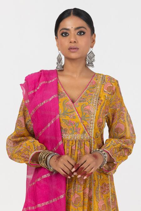 Shop_Pants And Pajamas_Yellow Chanderi, Cotton, Silk Embroidery, Sequins V-neck Kurta Pant Set _Online_at_Aza_Fashions