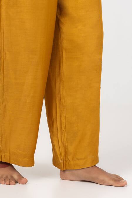 Buy_Pants And Pajamas_Yellow Chanderi, Cotton, Silk Embroidery, Sequins V-neck Kurta Pant Set 