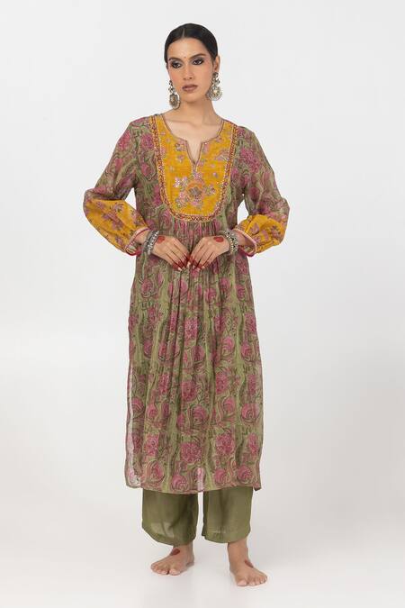 Buy Pants And Pajamas Green Chanderi, Cotton, Silk Sequins, Flower Block Print Kurta Pant Set Online at Aza Fashions Buy_Pants And Pajamas_Green Chanderi, Cotton, Silk Sequins, Flower Block Print Kurta Pant Set _Online_at_Aza_Fashions