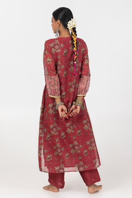 Shop Pants And Pajamas Maroon Chanderi, Cotton, Silk Sequins, Flower Motif Block Print Kurta Set at Aza Fashions Shop_Pants And Pajamas_Maroon Chanderi, Cotton, Silk Sequins, Flower Motif Block Print Kurta Set _at_Aza_Fashions