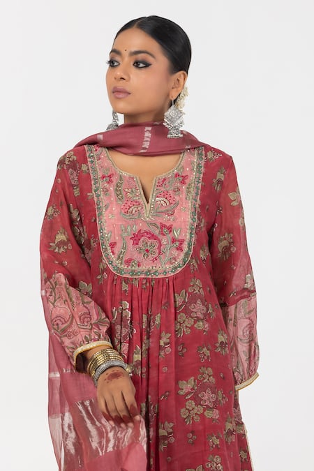 Pants And Pajamas Maroon Chanderi, Cotton, Silk Sequins, Flower Motif Block Print Kurta Set Online at Aza Fashions Pants And Pajamas_Maroon Chanderi, Cotton, Silk Sequins, Flower Motif Block Print Kurta Set _Online_at_Aza_Fashions