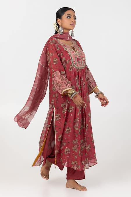 Buy Pants And Pajamas Maroon Chanderi, Cotton, Silk Sequins, Flower Motif Block Print Kurta Set Online at Aza Fashions Buy_Pants And Pajamas_Maroon Chanderi, Cotton, Silk Sequins, Flower Motif Block Print Kurta Set _Online_at_Aza_Fashions
