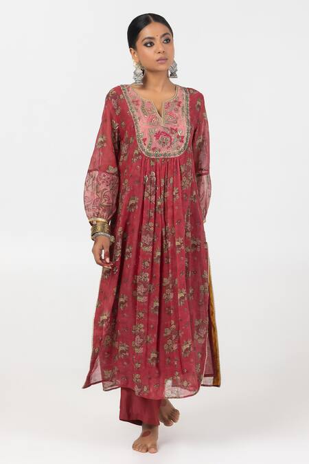 Buy Pants And Pajamas Maroon Chanderi, Cotton, Silk Sequins, Flower Motif Block Print Kurta Set Buy_Pants And Pajamas_Maroon Chanderi, Cotton, Silk Sequins, Flower Motif Block Print Kurta Set