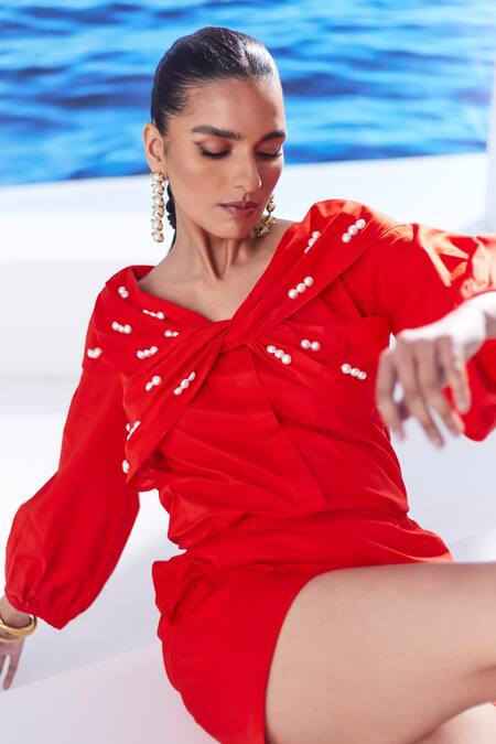 Shop_House Of Zeniaa_Red Cotton Pearls Off-shoulder Embroidered Knotted Top With Shorts_Online_at_Aza_Fashions