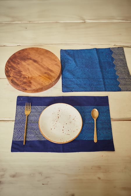 Shop Inheritance India Blue 100% Cotton Wave Block Print Table Mat And Napkin Set Online at Aza Fashions Shop_Inheritance India_Blue 100% Cotton Wave Block Print Table Mat And Napkin Set_Online_at_Aza_Fashions