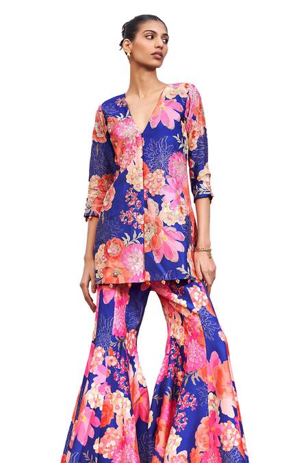 Buy Archana Shah Blue Brocade, Bamboo Embroidery, Zari, Mirrors Flora Print Kurta And Sharara Set Buy_Archana Shah_Blue Brocade, Bamboo Embroidery, Zari, Mirrors Flora Print Kurta And Sharara Set