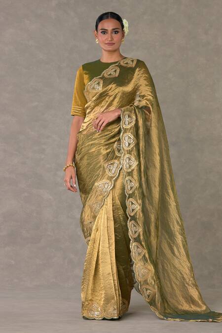Masaba_Green Saree And Blouse Tissue Printed Paan Bordered Set With Unstitched Piece_at_Aza_Fashions