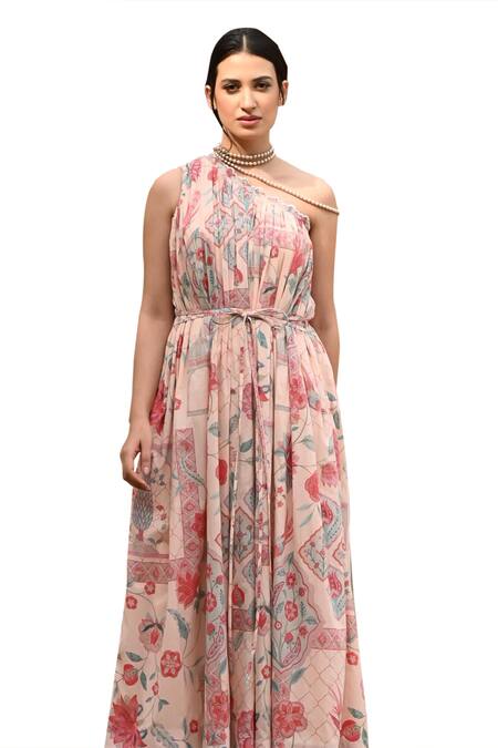 Buy Sage Saga Pink Muslin One Shoulder Barkha Floral Print Dress Buy_Sage Saga_Pink Muslin One Shoulder Barkha Floral Print Dress