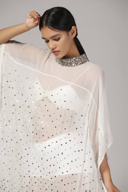 Rina Dhaka_White Georgette Sequins, Beads High Neck Embroidered Kaftan _Online_at_Aza_Fashions