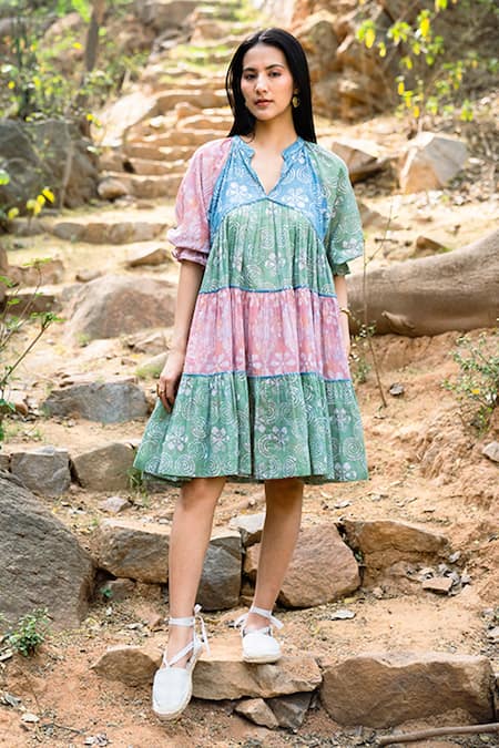 Raiman Multi Color Cotton Print Batik V-neck Tier Dress 