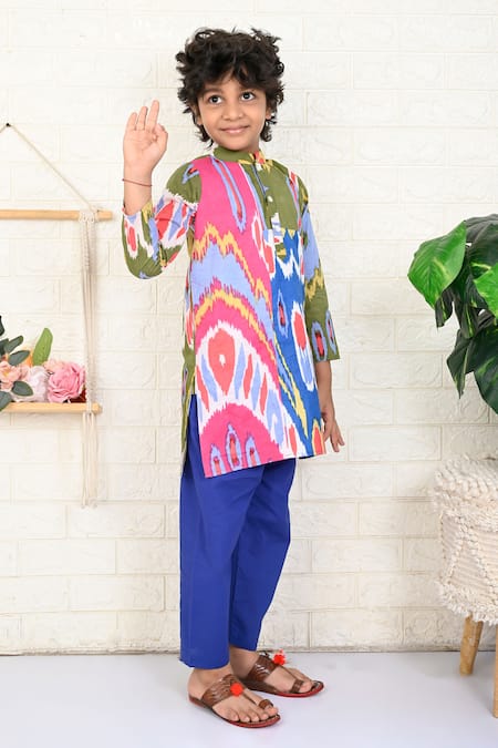 Buy_The Cotton Staple_Multi Color Cotton Printed Patchwork Ikat Kurta With Pant _Online_at_Aza_Fashions