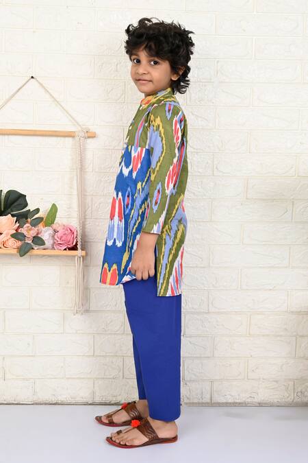 Shop_The Cotton Staple_Multi Color Cotton Printed Patchwork Ikat Kurta With Pant _Online_at_Aza_Fashions