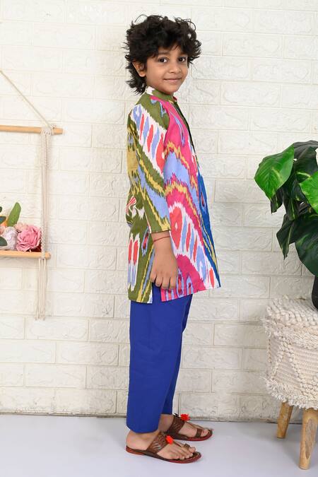 The Cotton Staple_Multi Color Cotton Printed Patchwork Ikat Kurta With Pant _at_Aza_Fashions