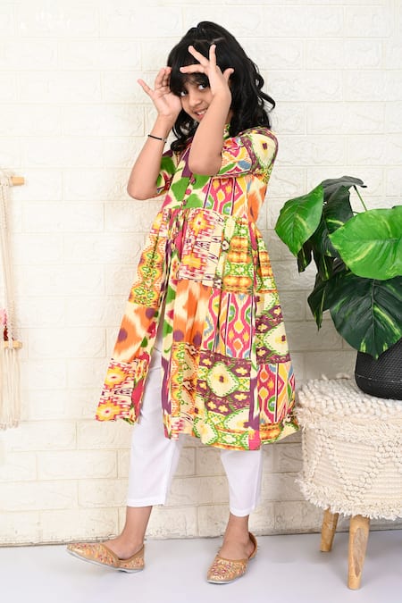 The Cotton Staple_Multi Color Cotton Minion Patchwork Ikat Print Kurta With Pant _Online_at_Aza_Fashions