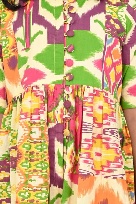 The Cotton Staple_Multi Color Cotton Minion Patchwork Ikat Print Kurta With Pant _at_Aza_Fashions