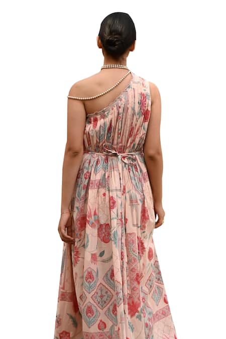 Shop Sage Saga Pink Muslin One Shoulder Barkha Floral Print Dress Shop_Sage Saga_Pink Muslin One Shoulder Barkha Floral Print Dress