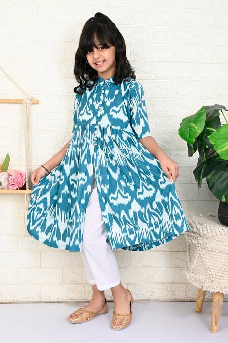 Buy_The Cotton Staple_Blue Cotton Orient Ikat Print Kurta With Pant _Online_at_Aza_Fashions