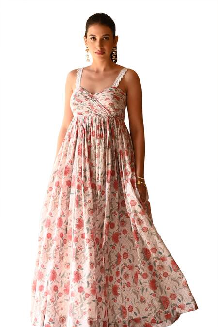 Shop Sage Saga Ivory Muslin Lace Sweetheart Neck Barkha Floral Print Slit Dress Shop_Sage Saga_Ivory Muslin Lace Sweetheart Neck Barkha Floral Print Slit Dress