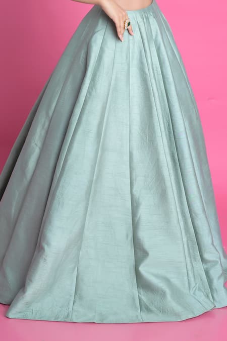 Shop_Damoiselle_Green Georgette, Net, Cotton Embroidery, Tassels V-neck Floral Lehenga Set _Online_at_Aza_Fashions