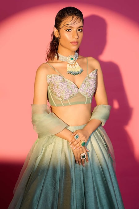 Damoiselle_Green Georgette, Net, Cotton Embroidery, Tassels V-neck Floral Lehenga Set _at_Aza_Fashions