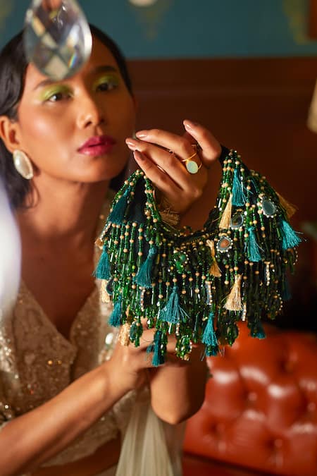 Forever Noor Emerald Velvet Handbag with Mirror Charms 