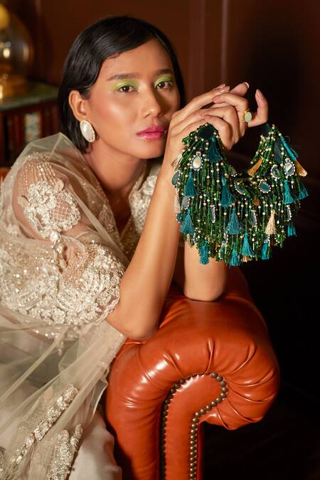 Forever Noor_Green Mirrors, Sequins, Crystals Emerald Velvet Handbag With Charms _Online_at_Aza_Fashions