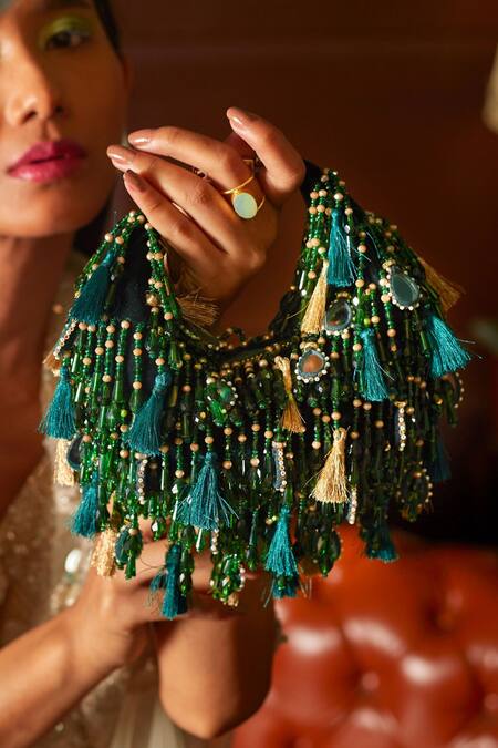 Buy_Forever Noor_Green Mirrors, Sequins, Crystals Emerald Velvet Handbag With Charms _Online_at_Aza_Fashions