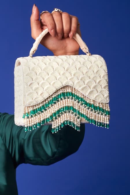 Forever Noor White Crystals Julia Pearl Embellished Box Bag Online at Aza Fashions Forever Noor_White Crystals Julia Pearl Embellished Box Bag _Online_at_Aza_Fashions