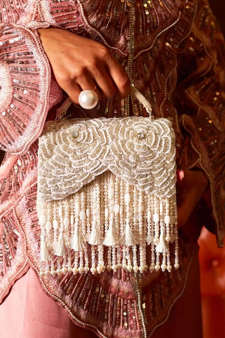 Forever Noor Silver Cutdana Julia Rosette Embellished Box Bag Online at Aza Fashions Forever Noor_Silver Cutdana Julia Rosette Embellished Box Bag _Online_at_Aza_Fashions