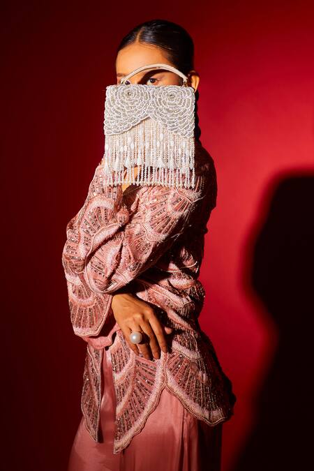 Shop Forever Noor Silver Cutdana Julia Rosette Embellished Box Bag Online at Aza Fashions Shop_Forever Noor_Silver Cutdana Julia Rosette Embellished Box Bag _Online_at_Aza_Fashions