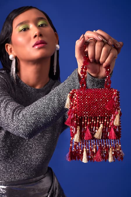 FOREVER NOOR Red Crystals Daphne Flaming Studded Bag 