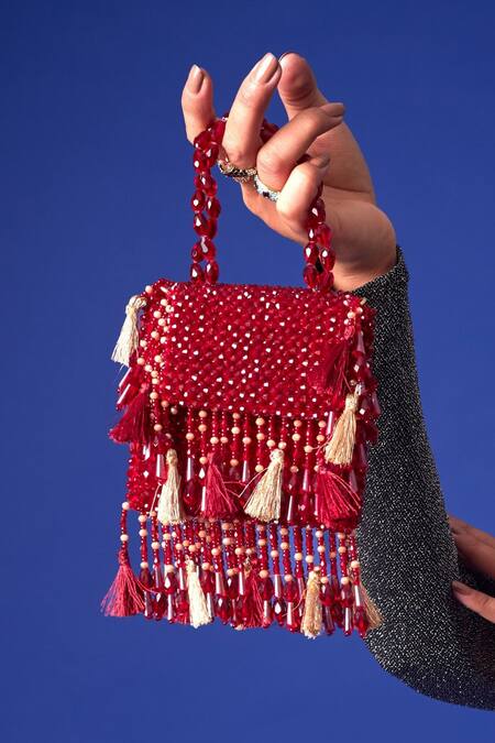 Forever Noor_Red Crystals Daphne Flaming Studded Bag _Online_at_Aza_Fashions