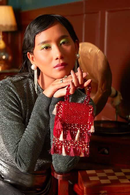 Buy_Forever Noor_Red Crystals Daphne Flaming Studded Bag _Online_at_Aza_Fashions