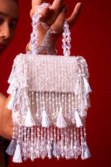 Forever Noor White Crystals Daphne Gleaming Studded Bag Online at Aza Fashions Forever Noor_White Crystals Daphne Gleaming Studded Bag _Online_at_Aza_Fashions