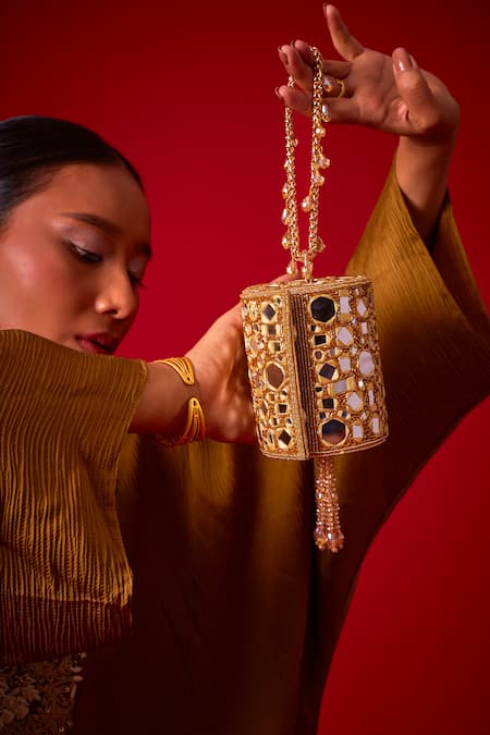Forever Noor Gold Crystals Noah Mirror Embellished Mini Bucket Bag Online at Aza Fashions Forever Noor_Gold Crystals Noah Mirror Embellished Mini Bucket Bag _Online_at_Aza_Fashions