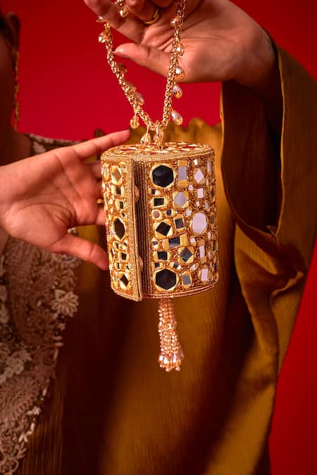 Shop Forever Noor Gold Crystals Noah Mirror Embellished Mini Bucket Bag Online at Aza Fashions Shop_Forever Noor_Gold Crystals Noah Mirror Embellished Mini Bucket Bag _Online_at_Aza_Fashions
