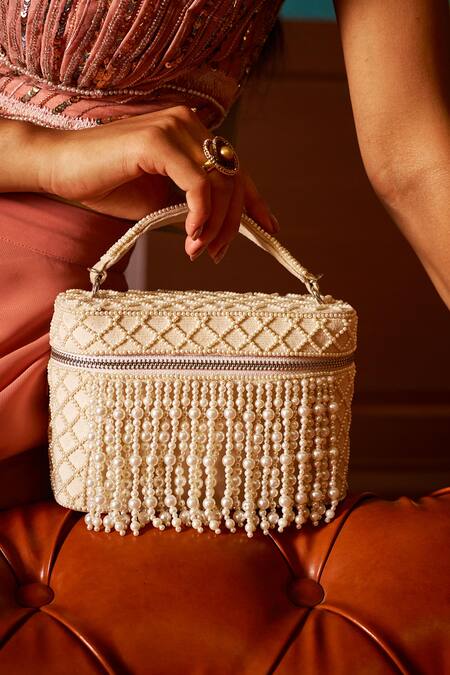 Buy Forever Noor White Pearl Laura Embellished Cube Bag Online at Aza Fashions Buy_Forever Noor_White Pearl Laura Embellished Cube Bag _Online_at_Aza_Fashions