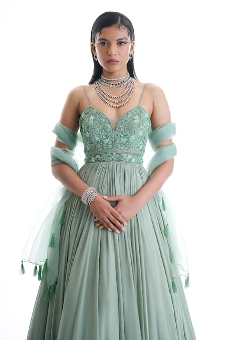 Damoiselle Imperial Sage Embroidered Anarkali With Dupatta 